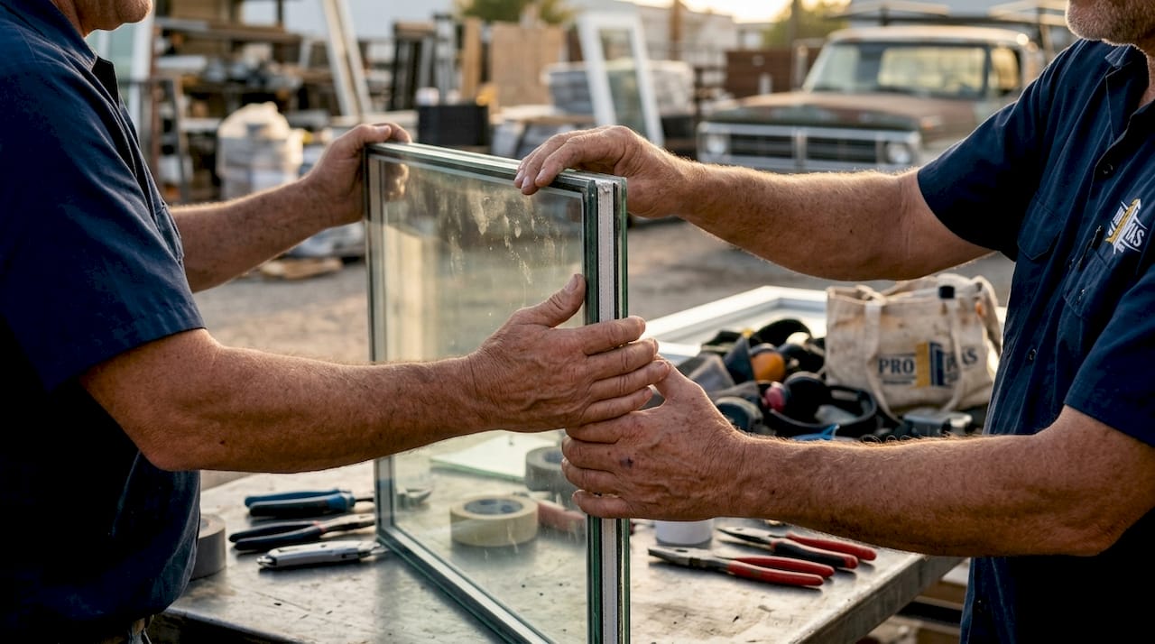 Technician holding gas-filled double-pane window