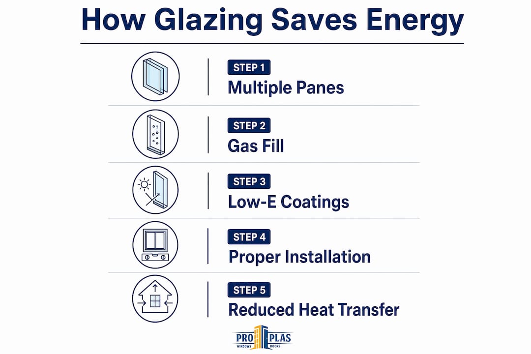 Infographic illustrating window glazing energy-saving steps