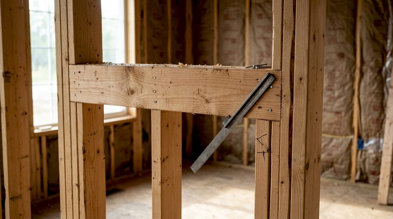 Close-up of wooden window rough opening framing structure
