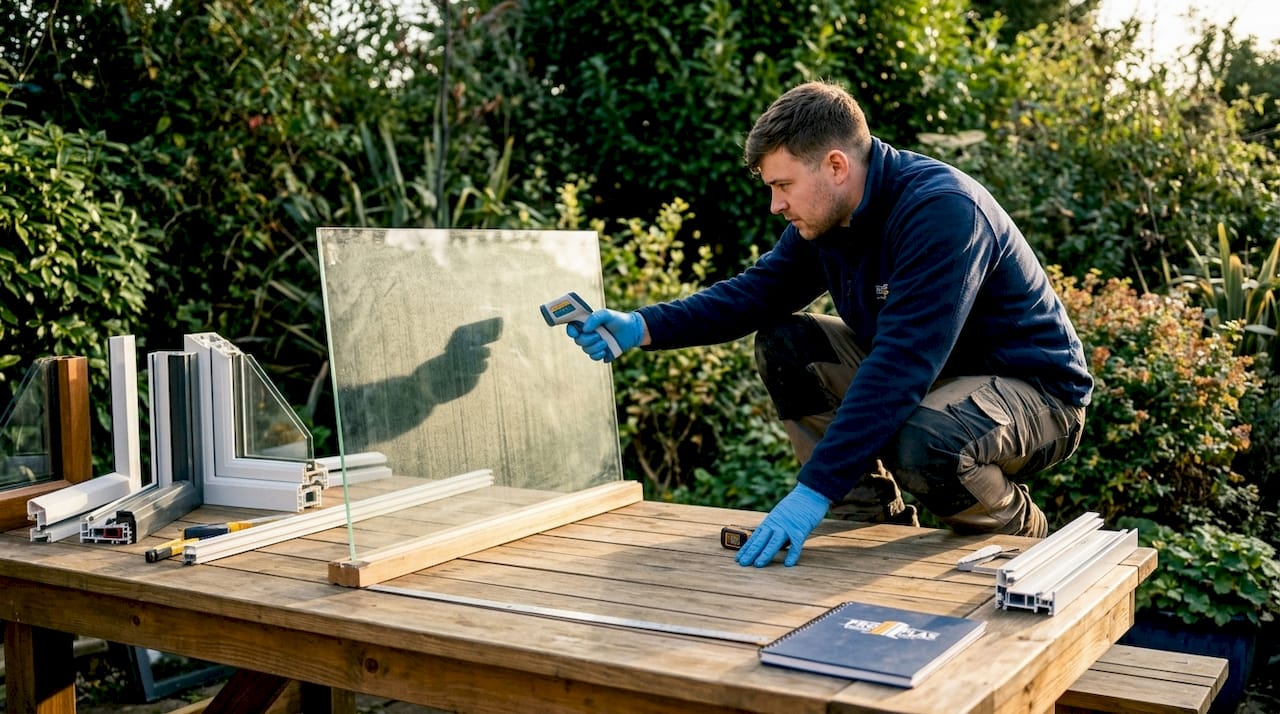 Hands testing heat conduction on window glass