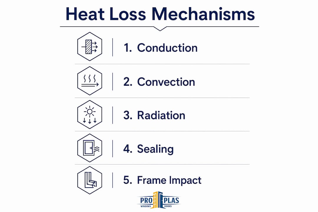 Infographic illustrating five window heat loss mechanisms