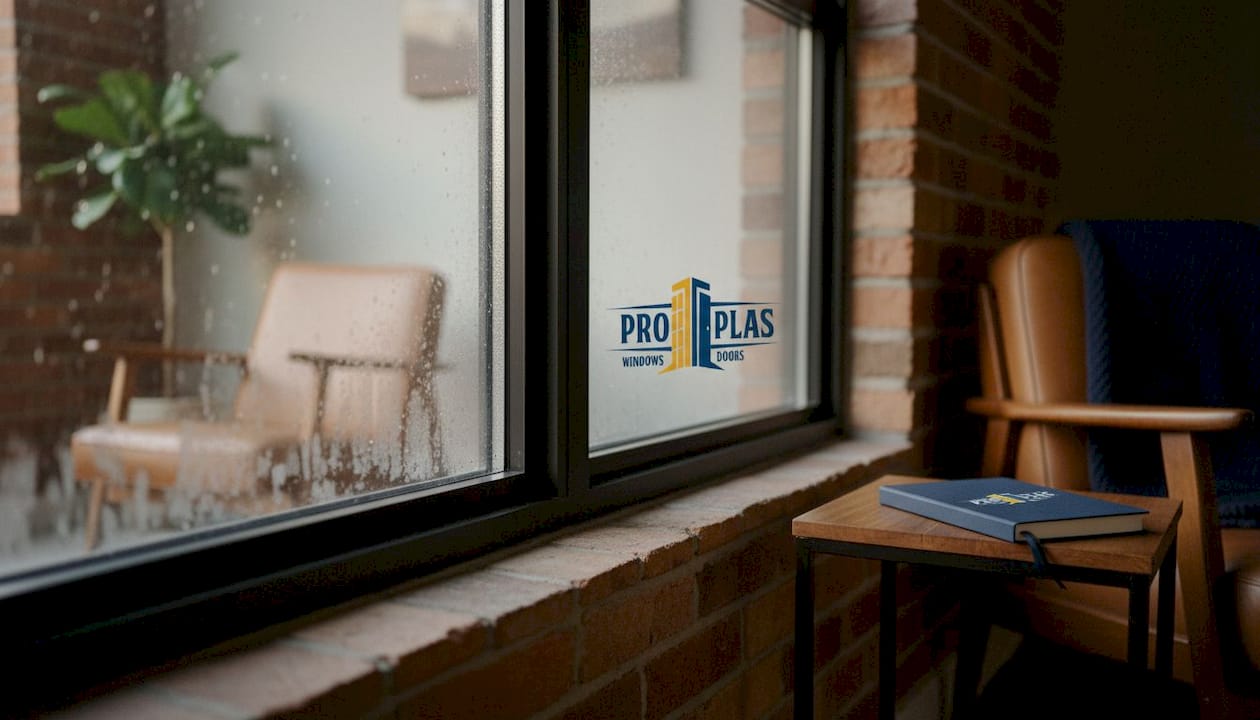 Close-up aluminum window frame showing condensation