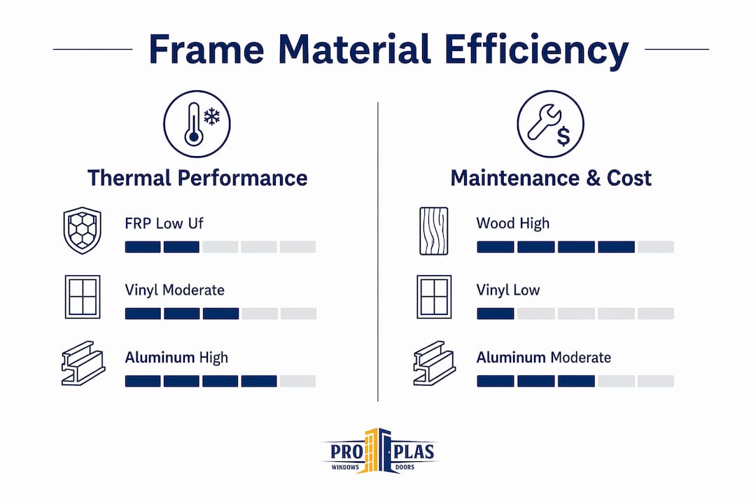 Infographic comparing window frame materials efficiency and maintenance