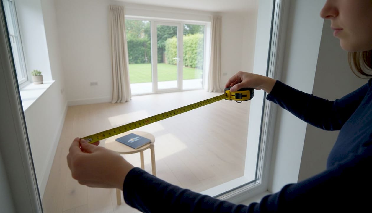 Close-up of hands measuring bay window panel