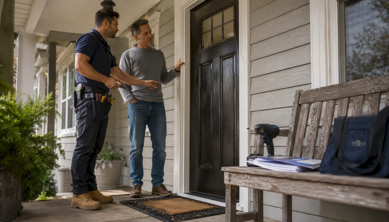 Installer and homeowner examining newly installed door