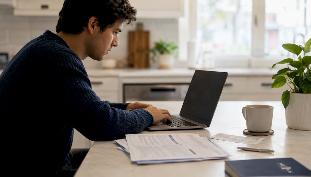 Person submitting warranty claim on laptop