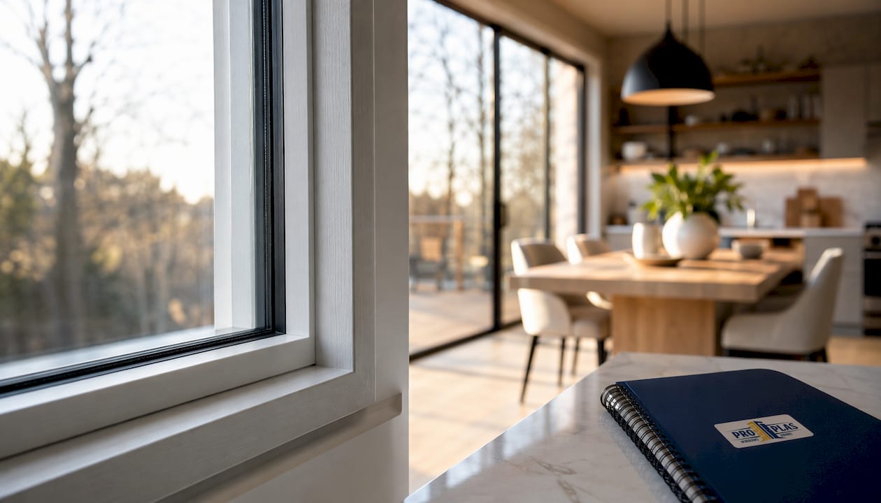 Close-up of fiberglass window frame corner indoors