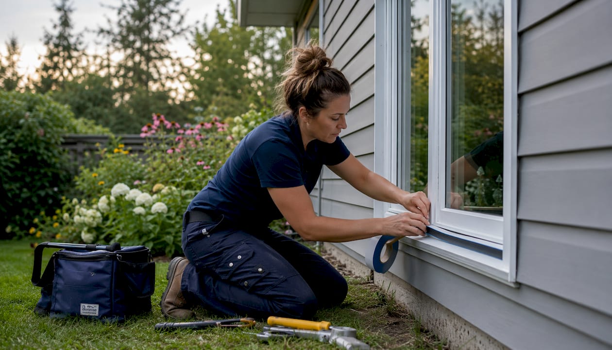 Tradesperson sealing vinyl window frame outside