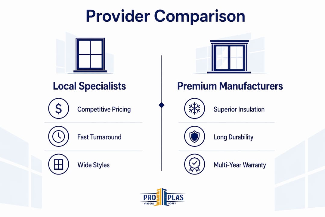 Infographic comparing local specialists and premium manufacturers