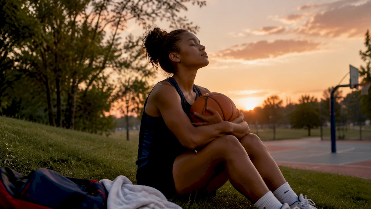 Female basketball player visualizing game alone