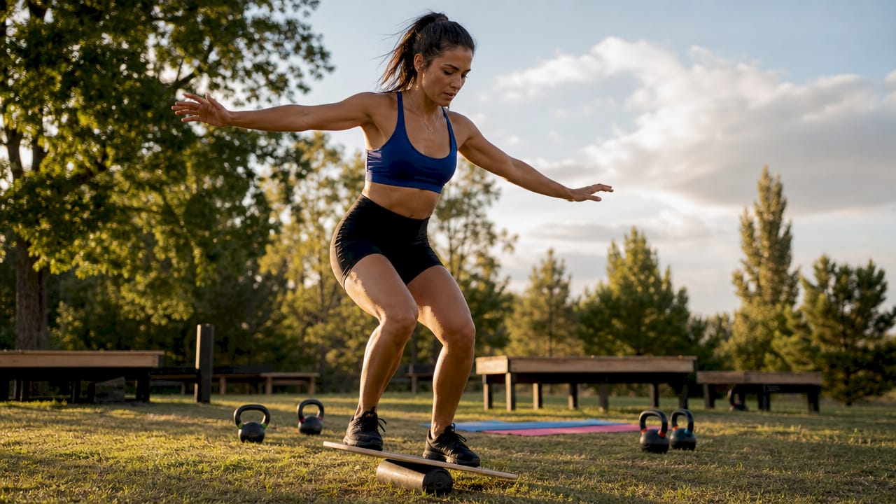Female athlete balancing on wobble board indoors