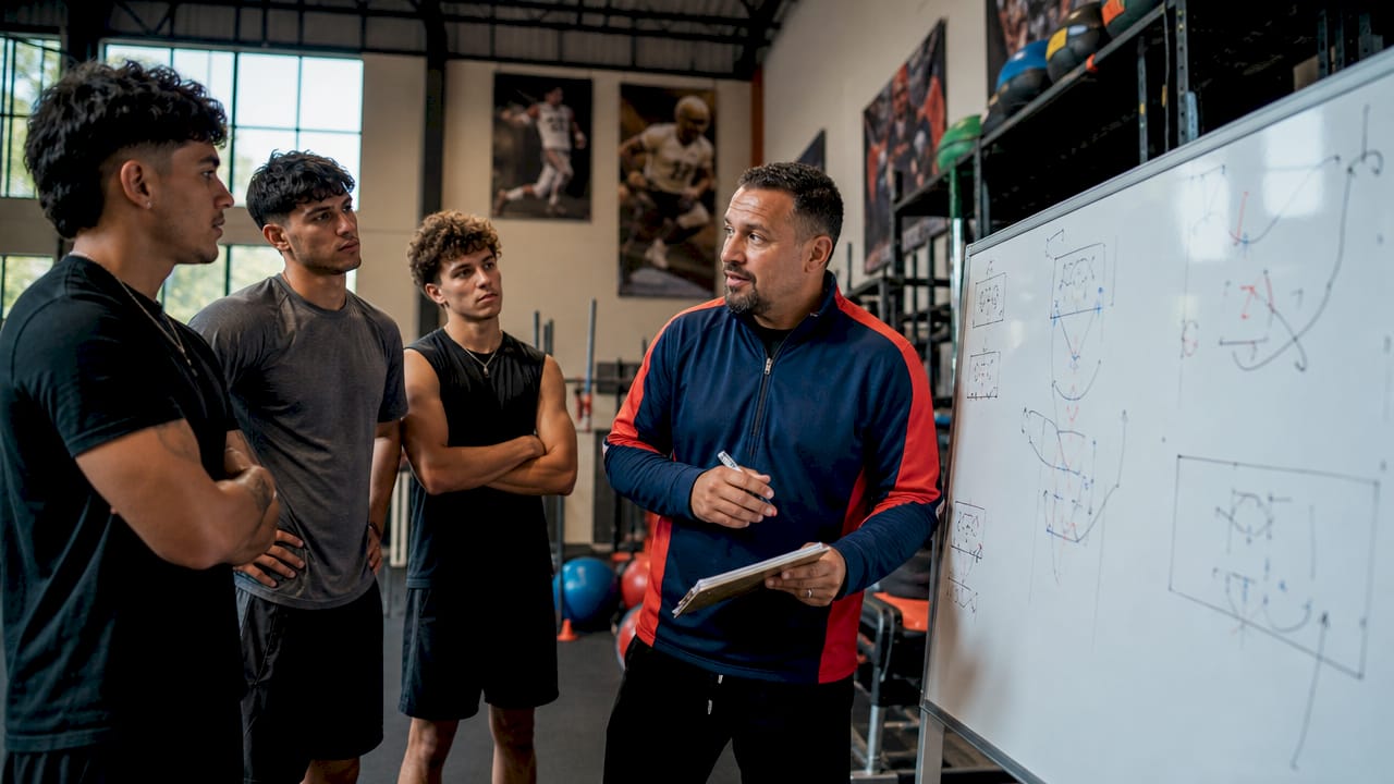 Coach reviewing sports training categories chart