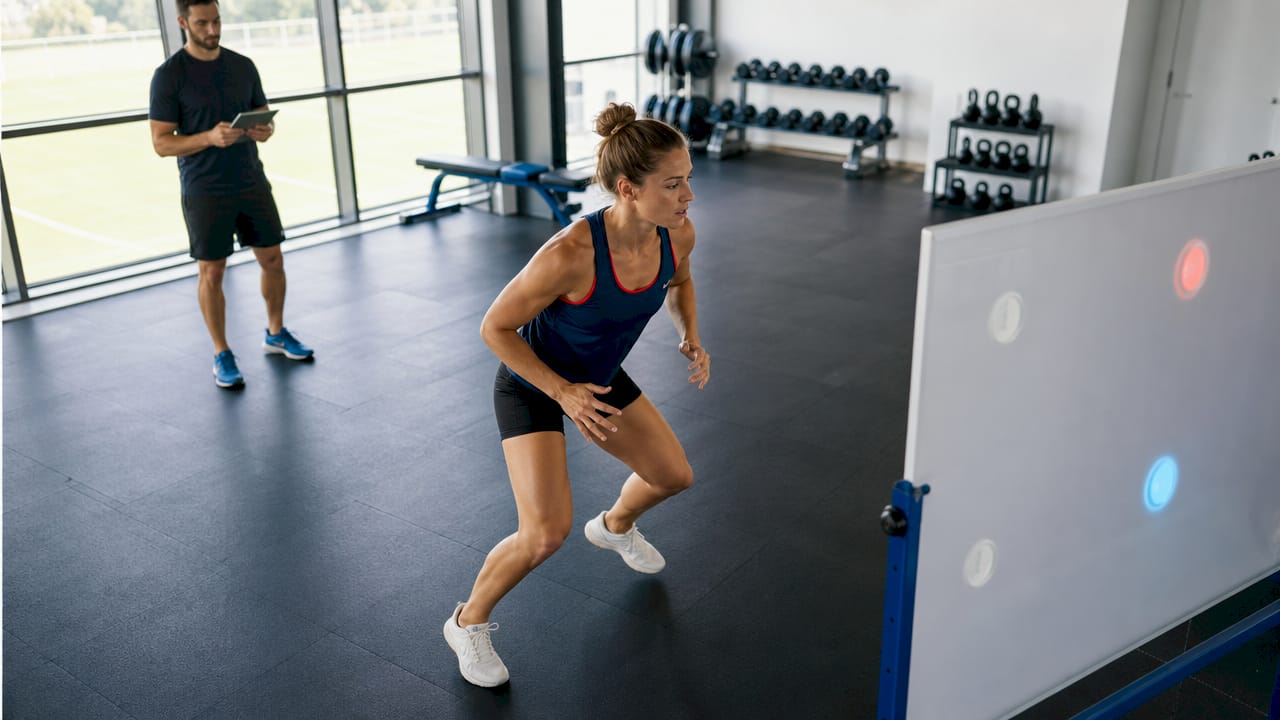 Female athlete training reactive agility indoors