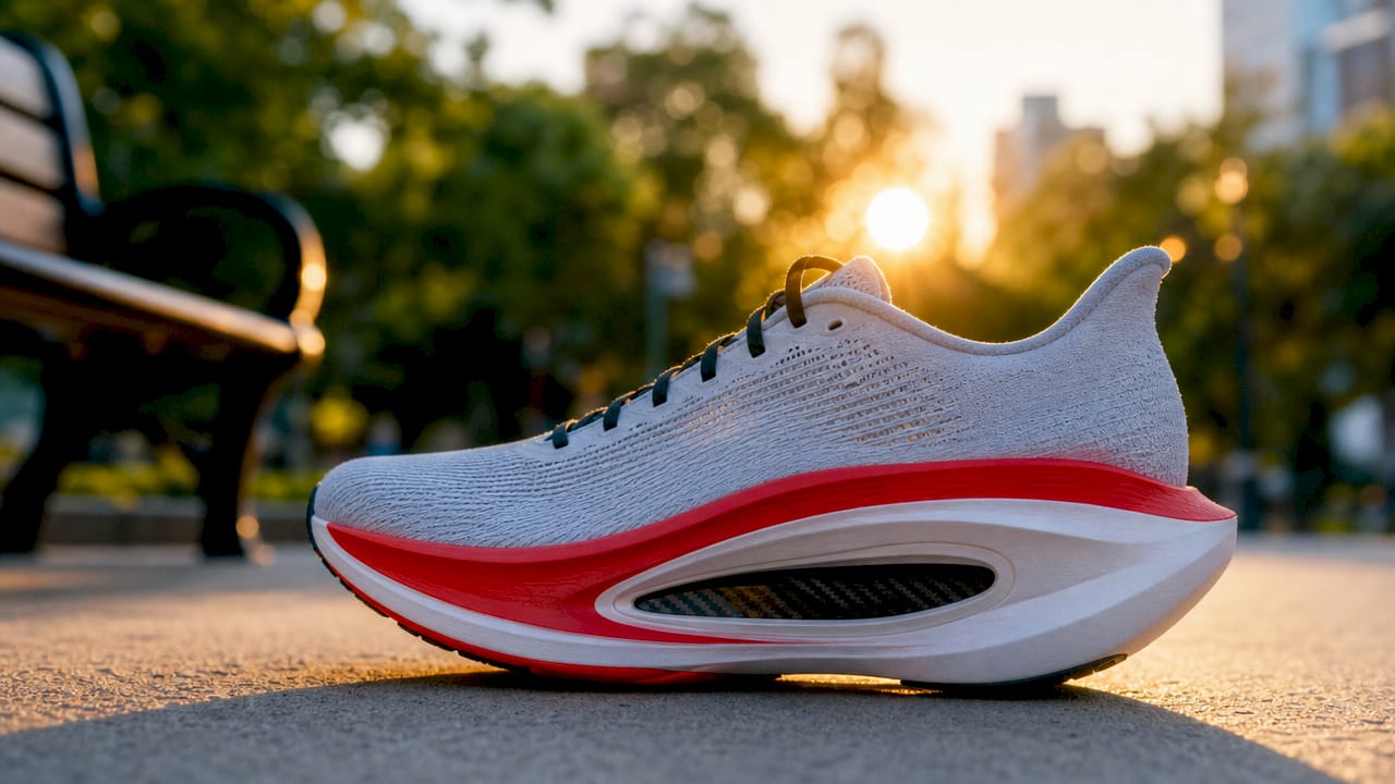 Close-up of carbon-plated running shoe in lab setting