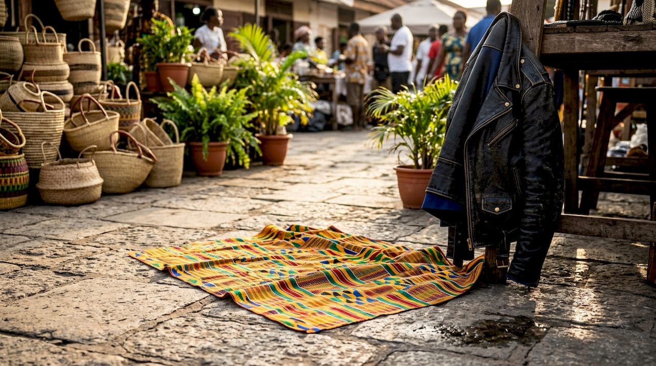 Overhead of kente cloth wrap and leather jacket