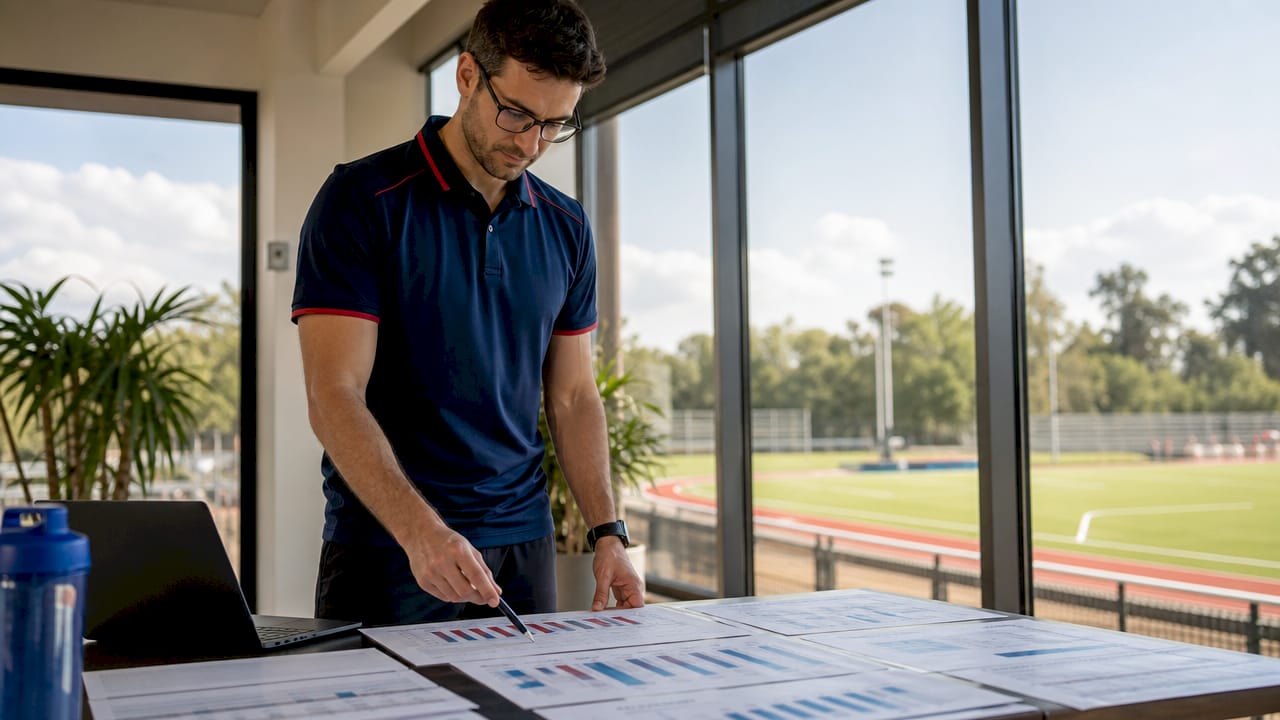 Sports scientist analyzing printed performance metrics
