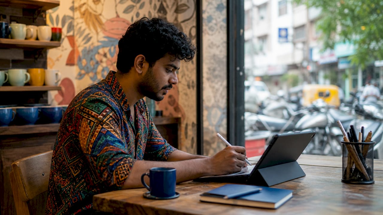 Young South Asian man designing cultural clothing