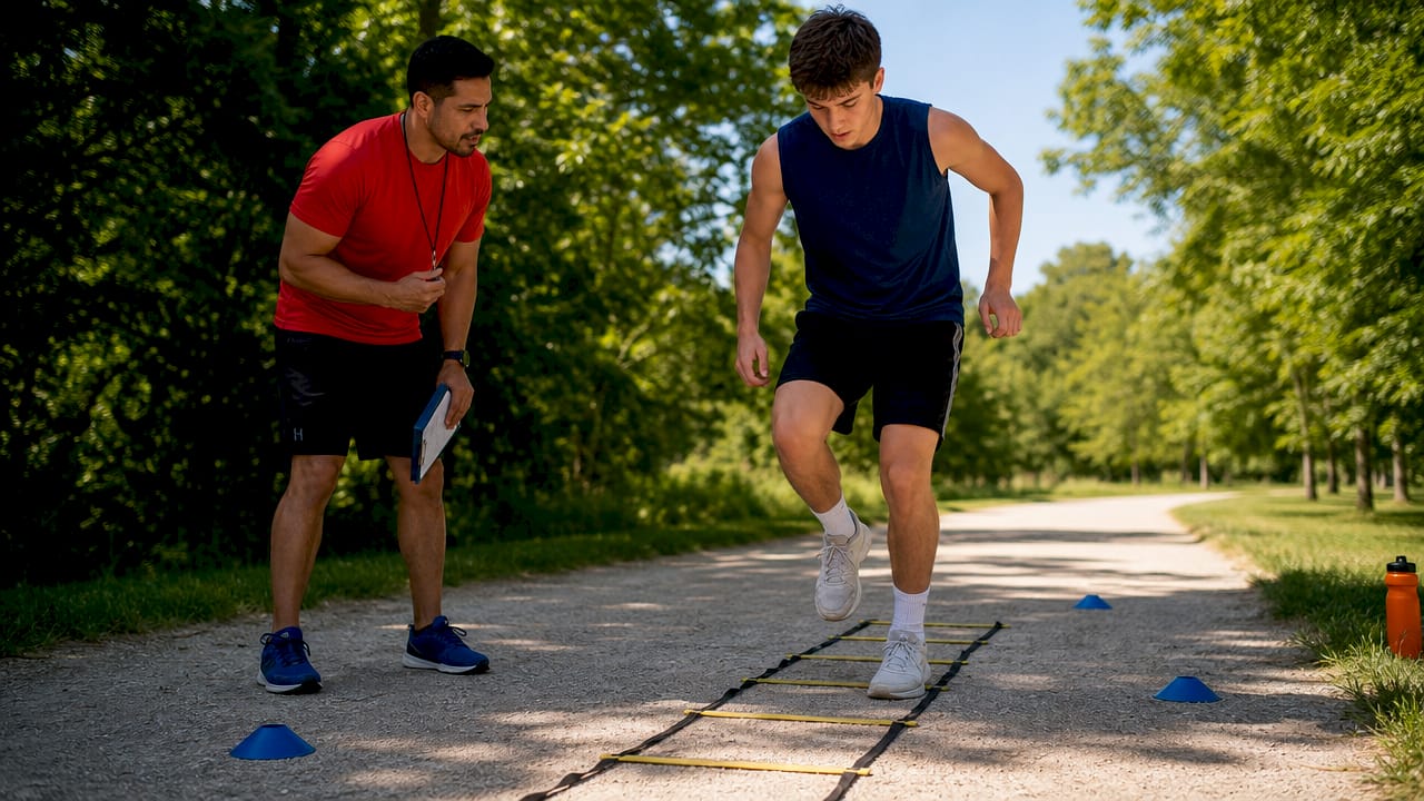 Coach instructing athlete doing agility ladder drill