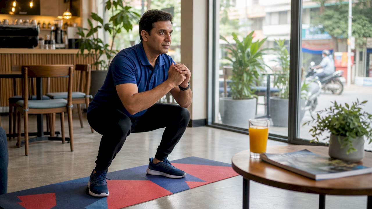 Entrepreneur doing workout in hotel room