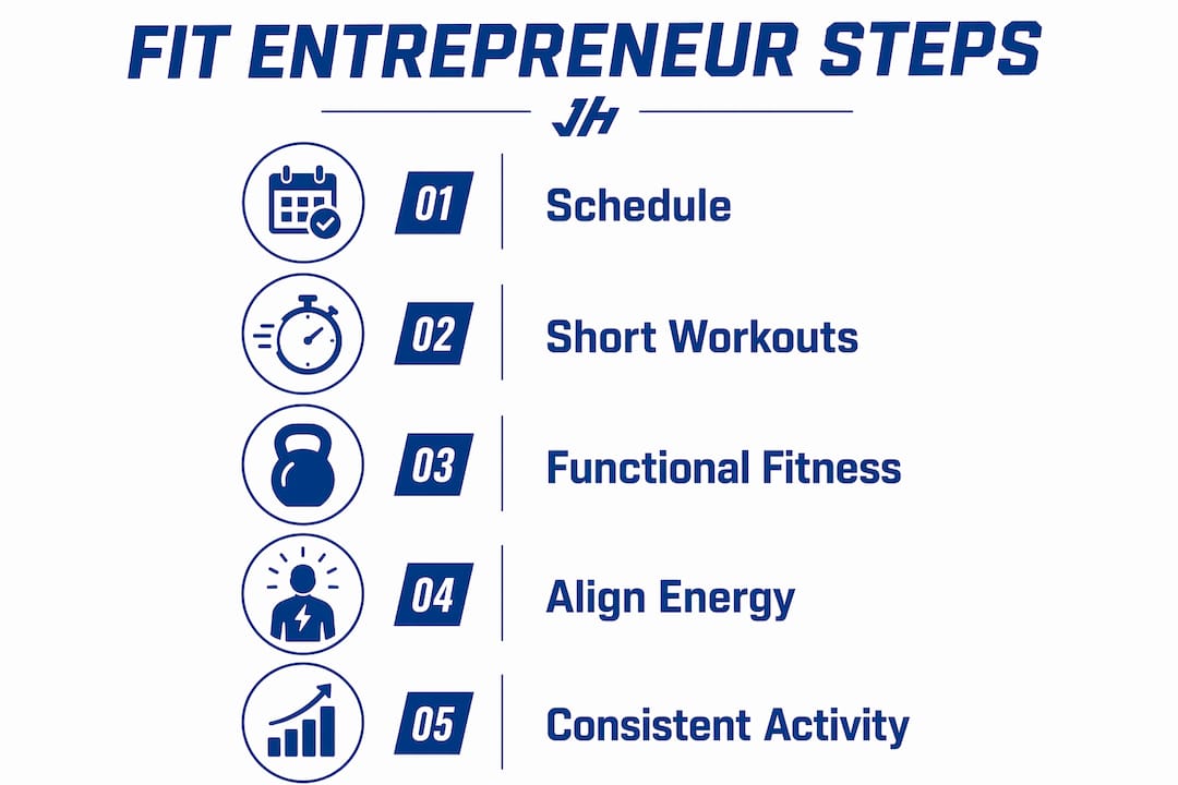 Infographic summarizing fitness scheduling steps for entrepreneurs