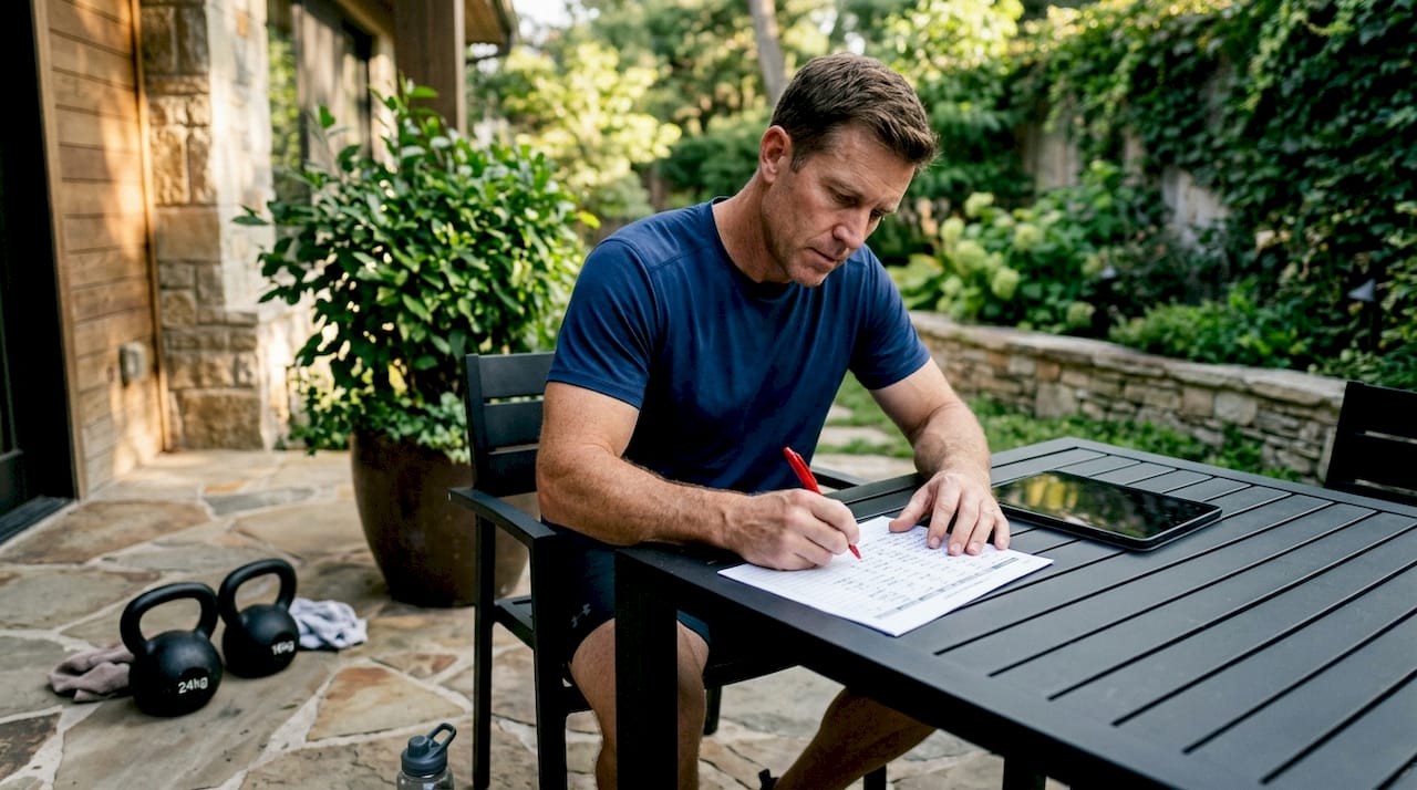 Male athlete reviewing training log at home gym