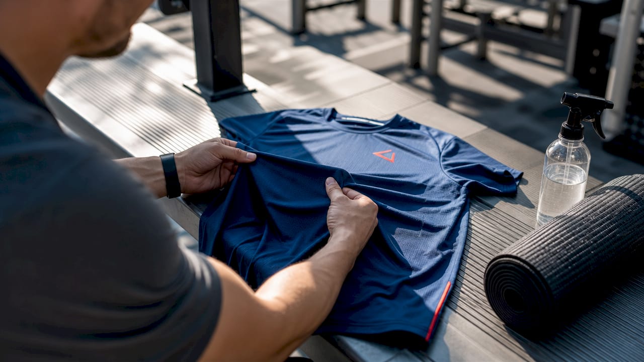 Close-up of athlete handling moisture-wicking fabric