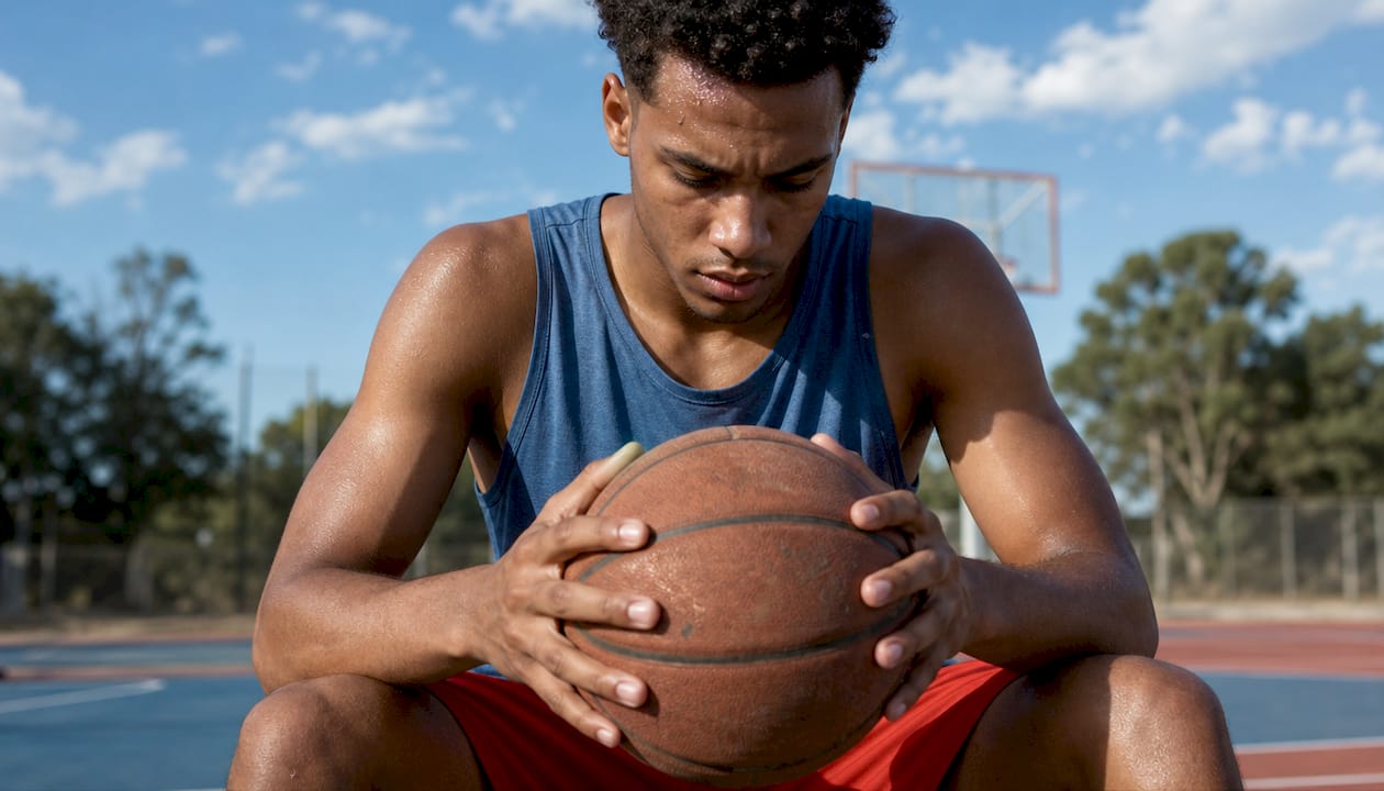 Young male athlete gripping basketball thoughtfully