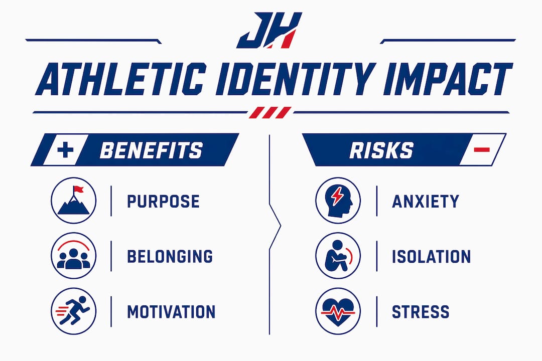 Infographic comparing athletic identity benefits and risks
