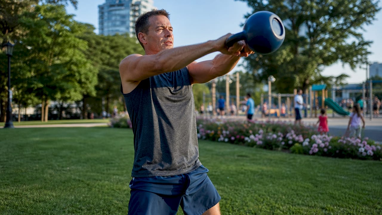 Man doing kettlebell squats in park
