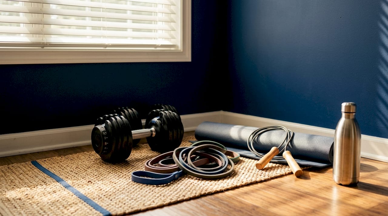 Minimal workout equipment arranged at home