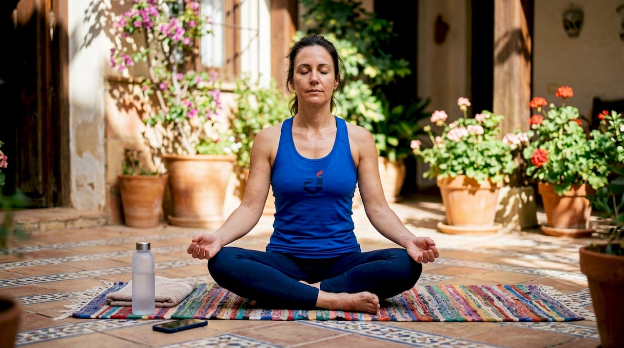 Woman meditating post-workout in fitness studio