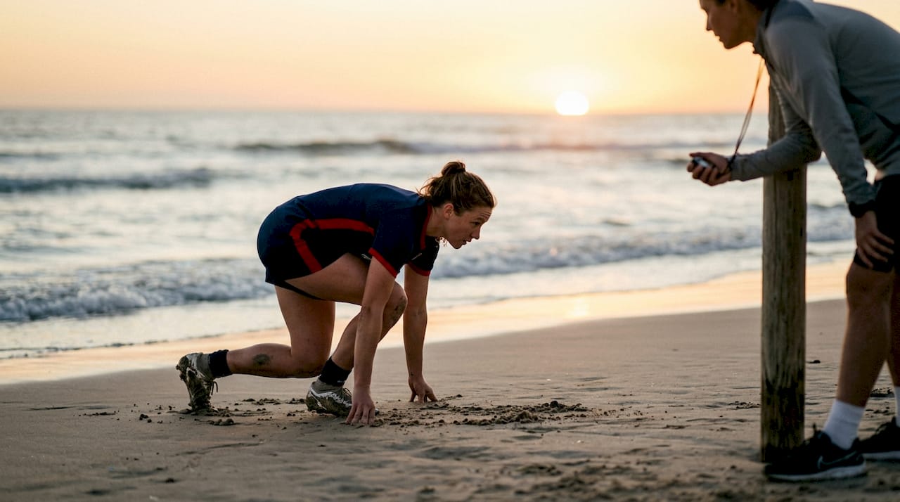 Female soccer player starting sprint on outdoor track