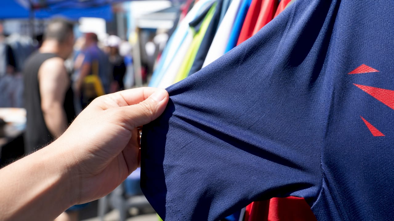 Close-up of hand feeling technical workout fabric