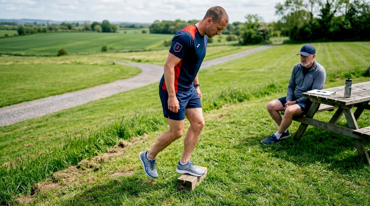 Male athlete doing eccentric calf exercise outdoors