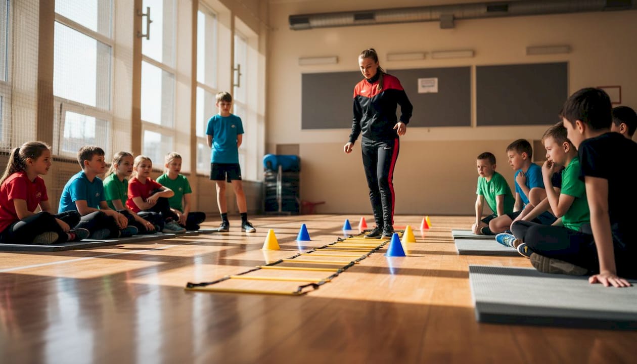 Coach demonstrating exercises to young athletes