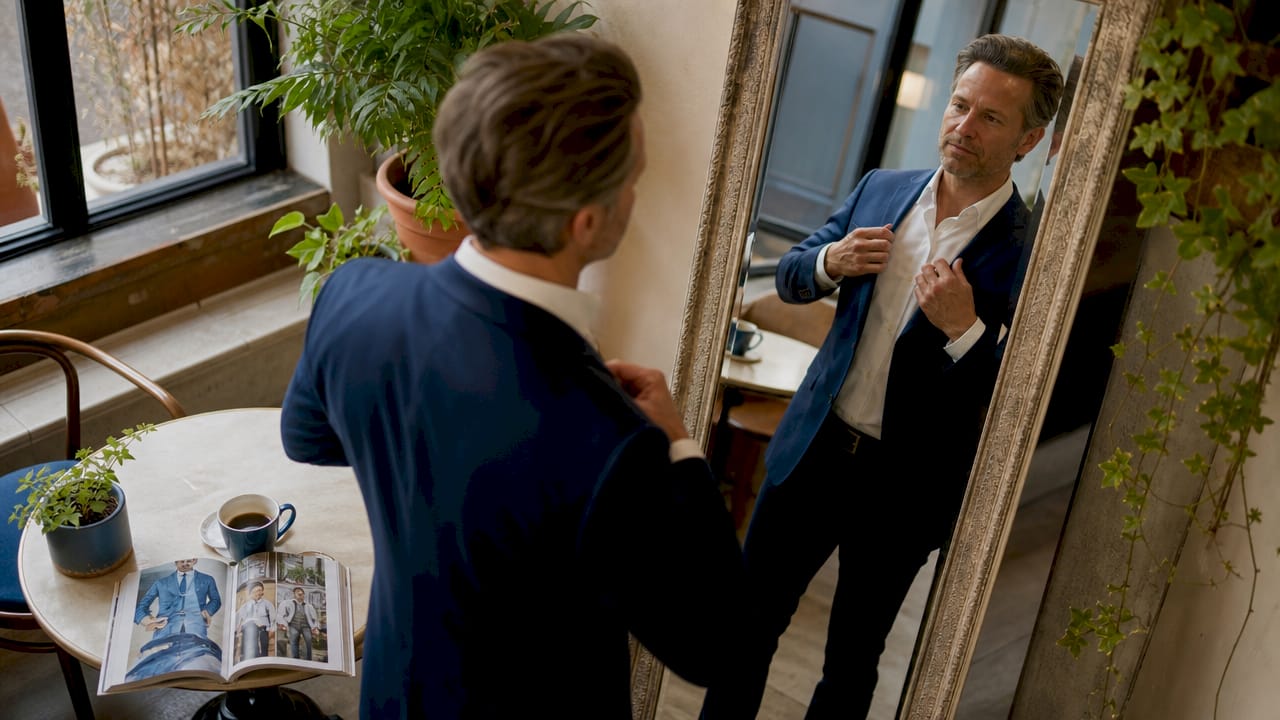 Man adjusting fit of tailored jacket in living room mirror
