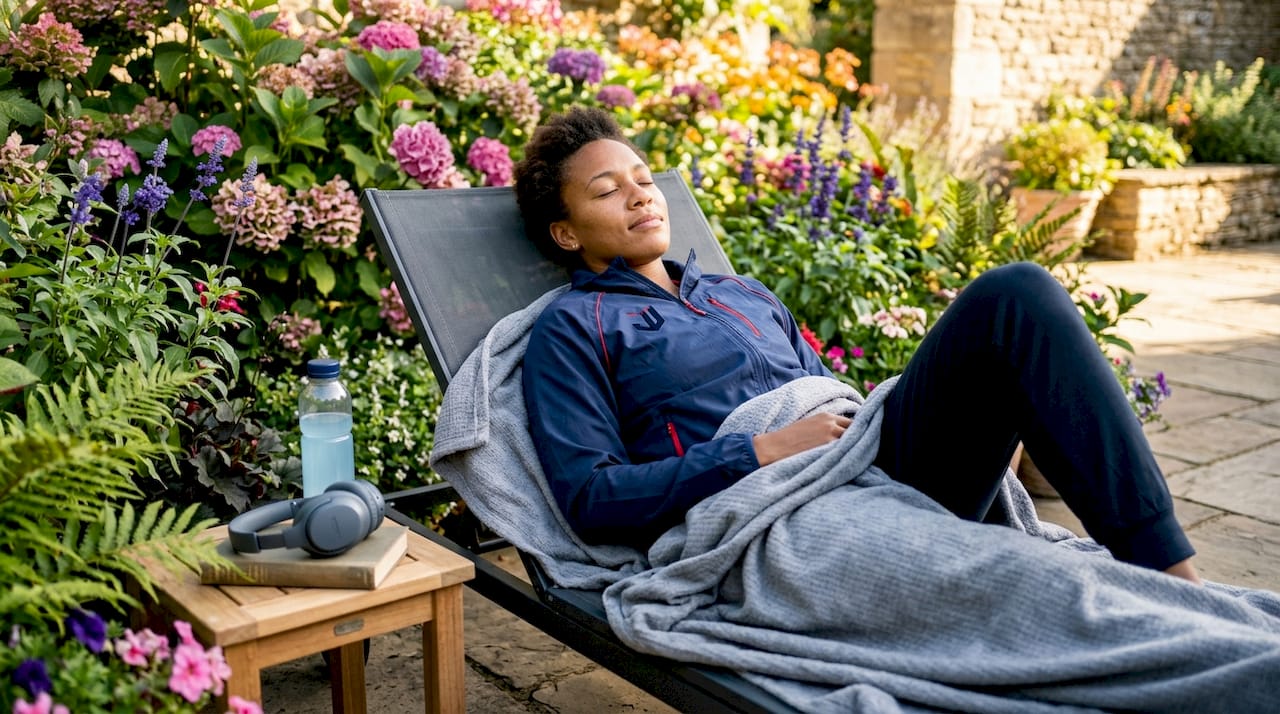 Female athlete resting during afternoon nap in lounge