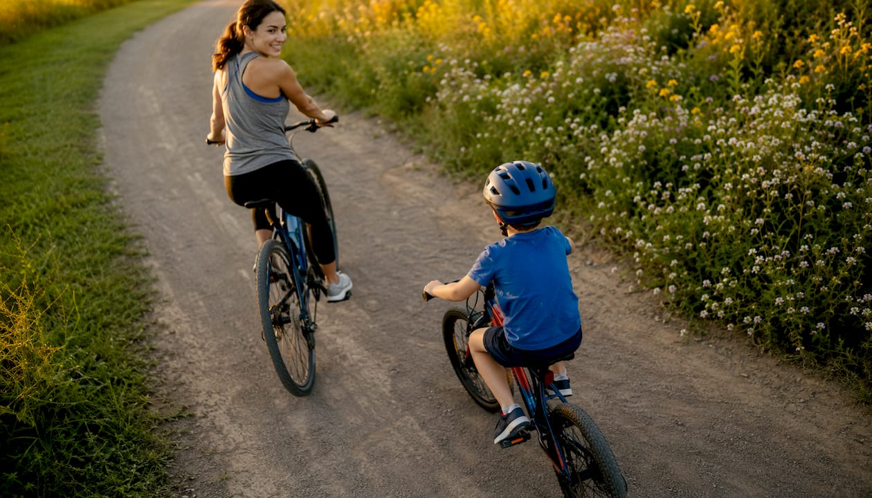 Mother and son biking outdoors