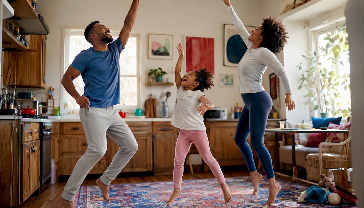Family doing playful indoor exercises