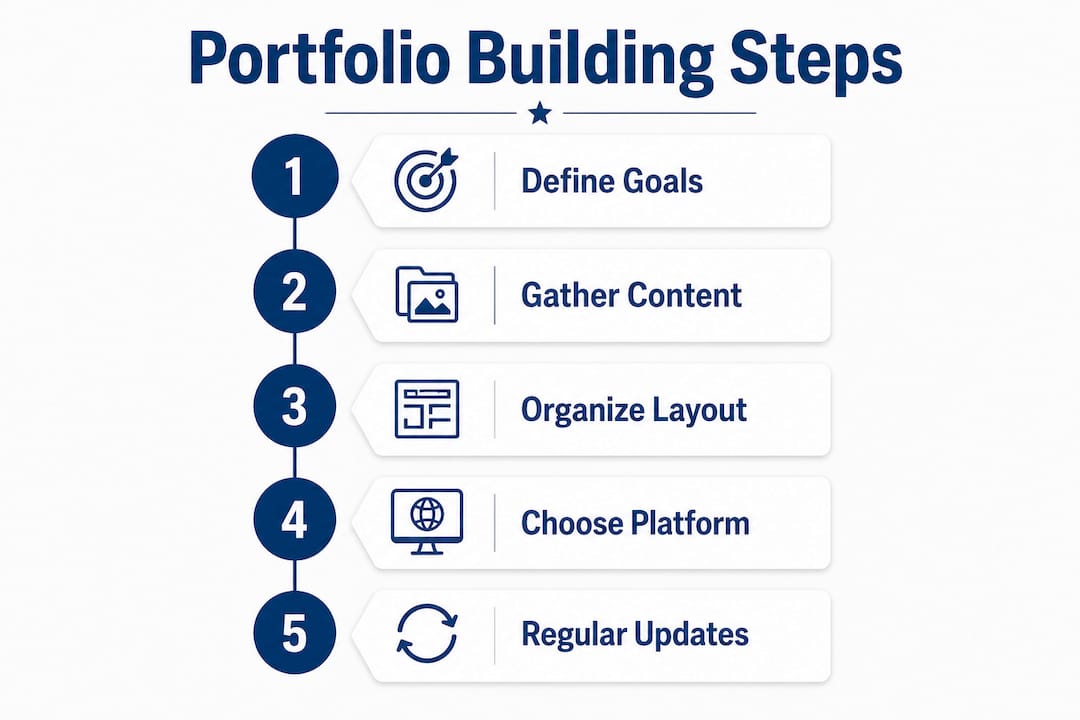 Infographic illustrating five key steps in building a sports portfolio