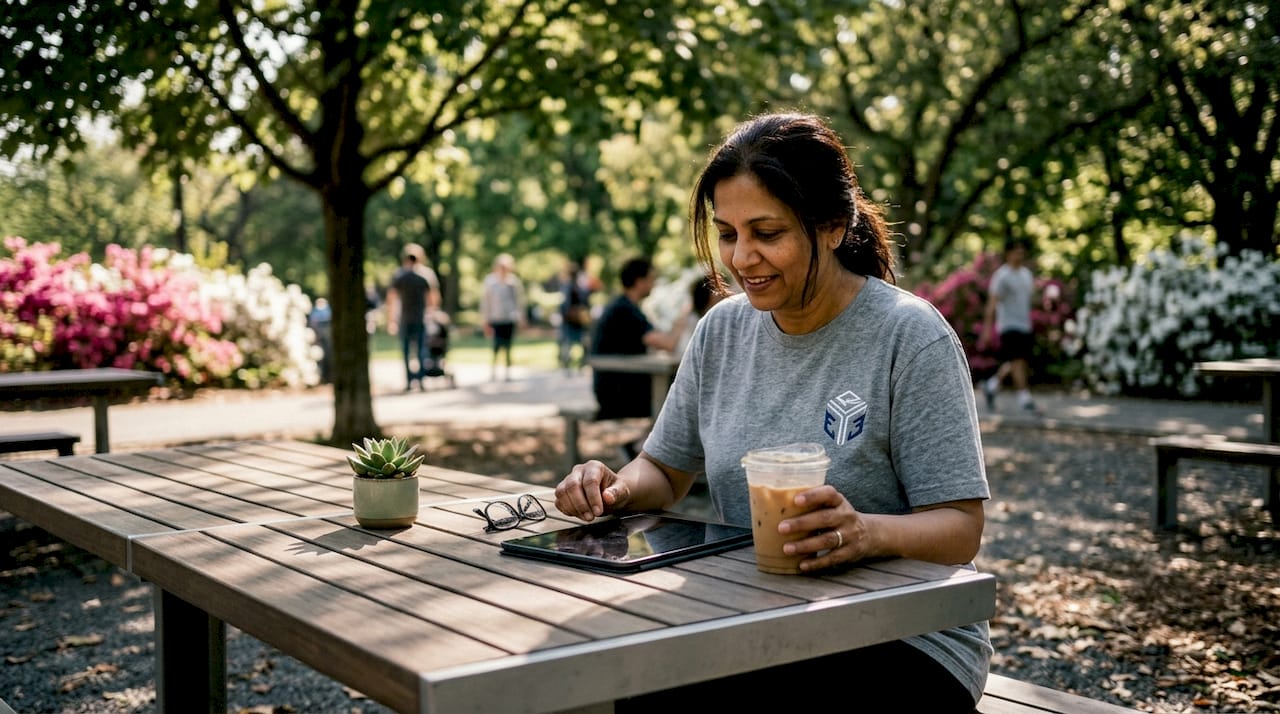 Woman in branded apparel reviewing notes at cafe
