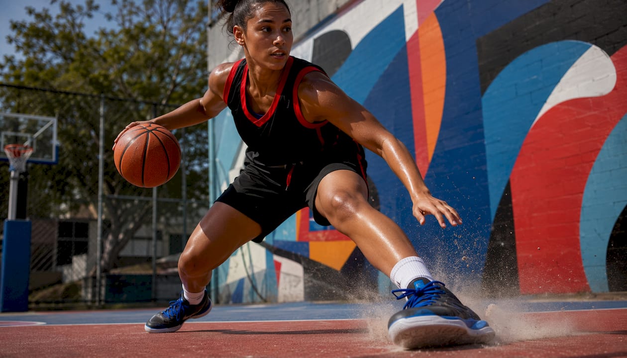 Basketball player making rapid lateral foot movement indoors