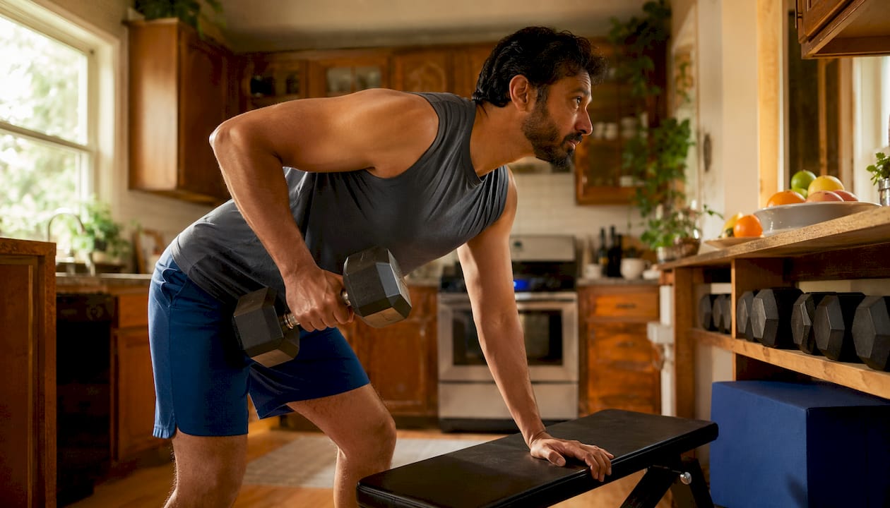 Father doing kettlebell swings in living room