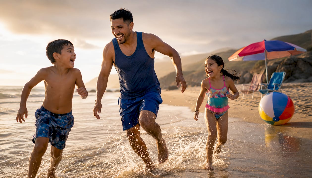 Father and kids playing active games outside
