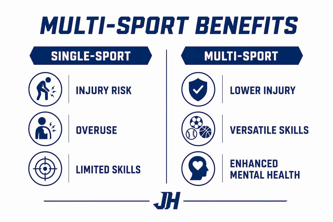 Infographic comparing single-sport vs multi-sport youth athlete benefits