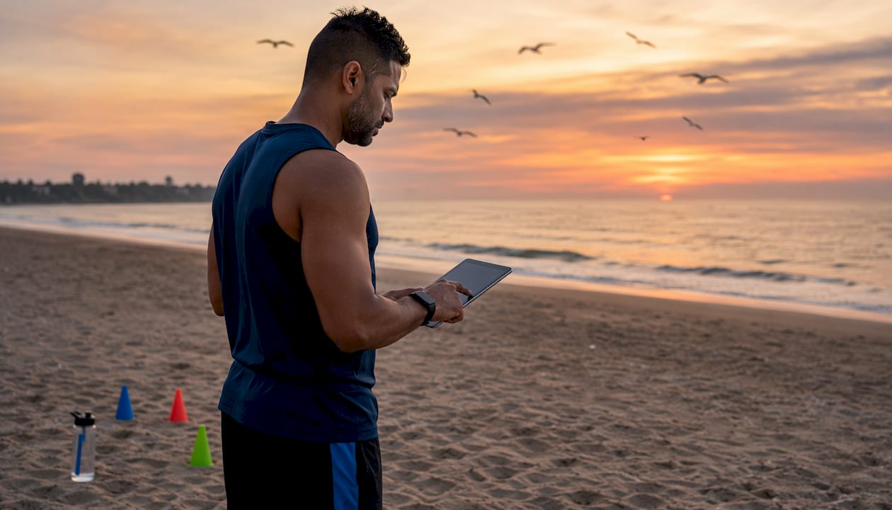 Coach analyzing sport analytics data outdoors