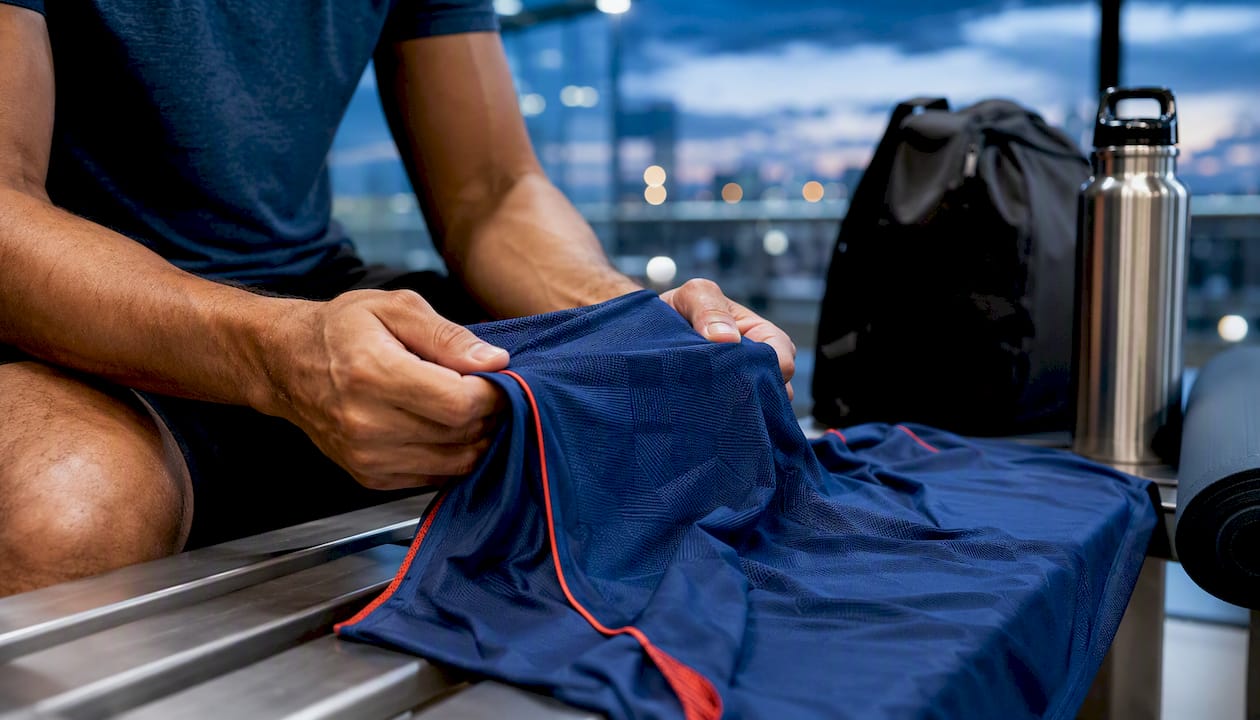 Hands adjusting sports performance fabric close-up