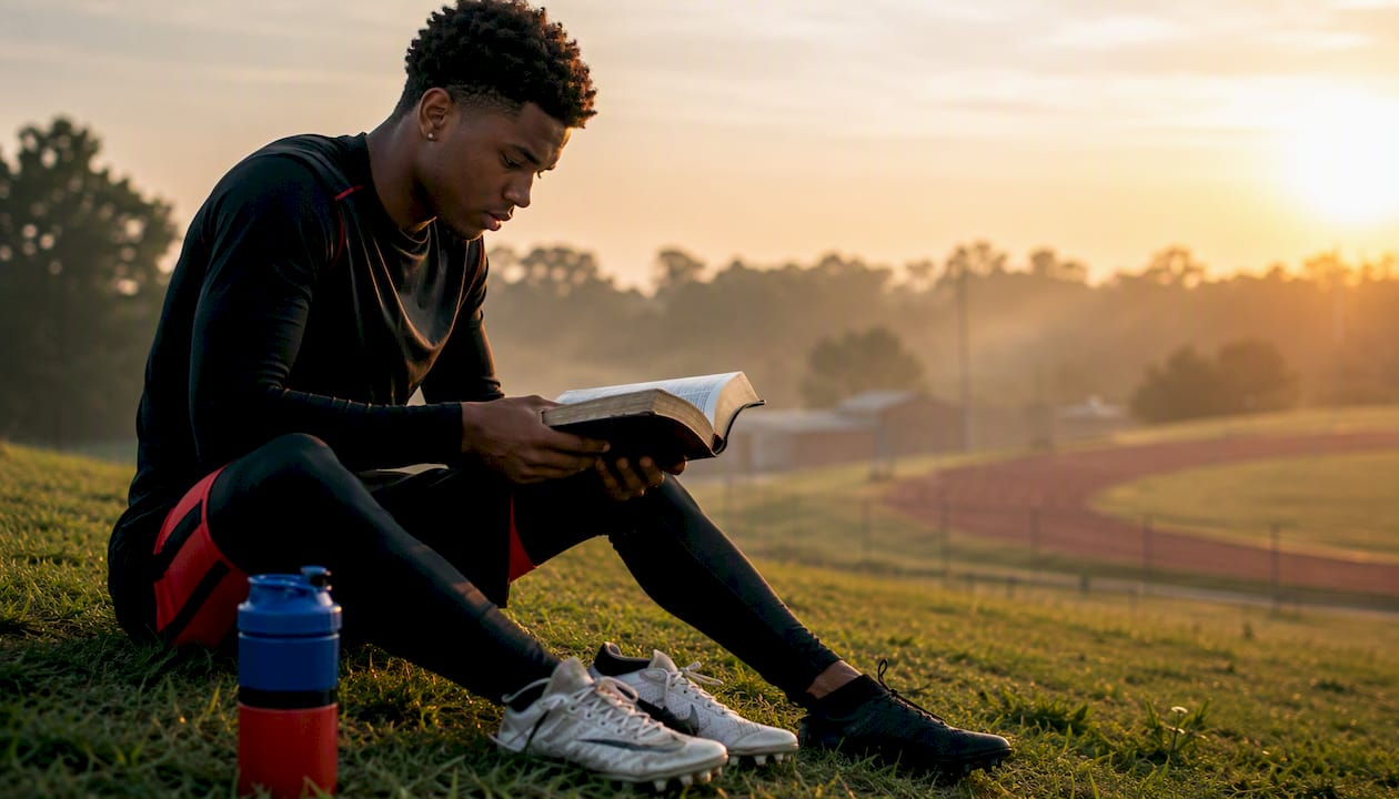 Track athlete reading Bible at sunrise