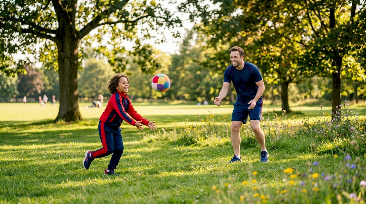 Parent guiding child in jumping game