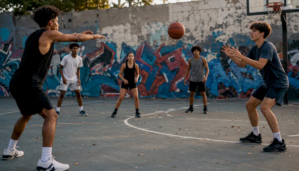 Teens passing basketball on urban court